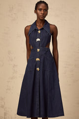 Flavie dark-blue cut-out denim midi dress