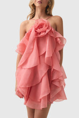 Caysie Halter Floral Ruffle Layered Mini Dress - Orange