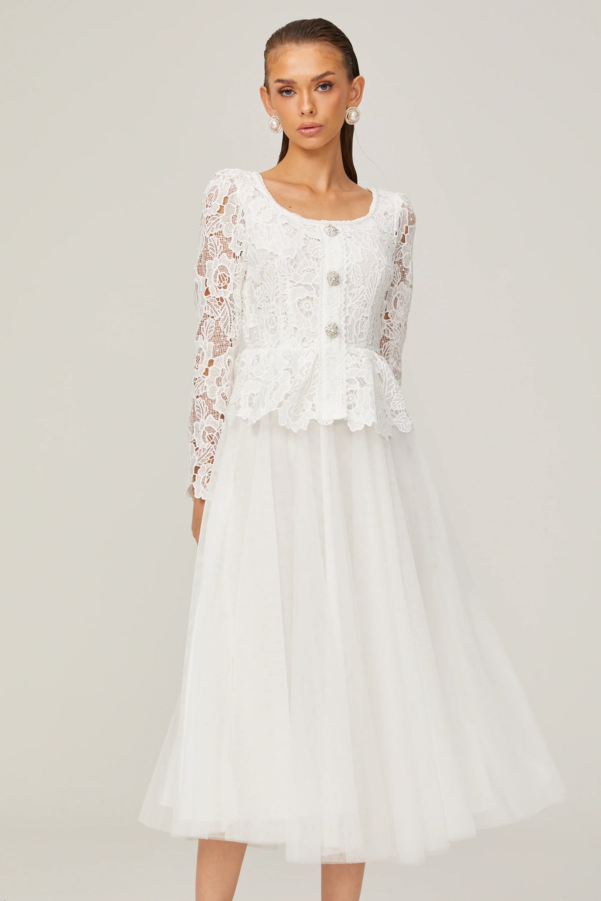 Gabrielle white peplum-waist tulle midi dress