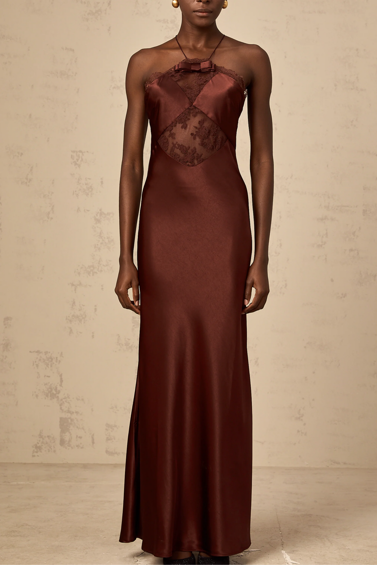 Eléonore wine-red lace-panelling satin maxi dress