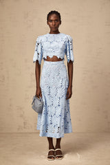 Audrey blue guipure-lace top & skirt matching set