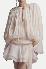 Anzay Pleated Ruffled Hem Mini Dress - Beige