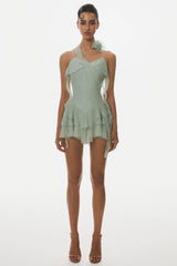 Kyrie Halter Floral Ruffle Mini Dress - Green