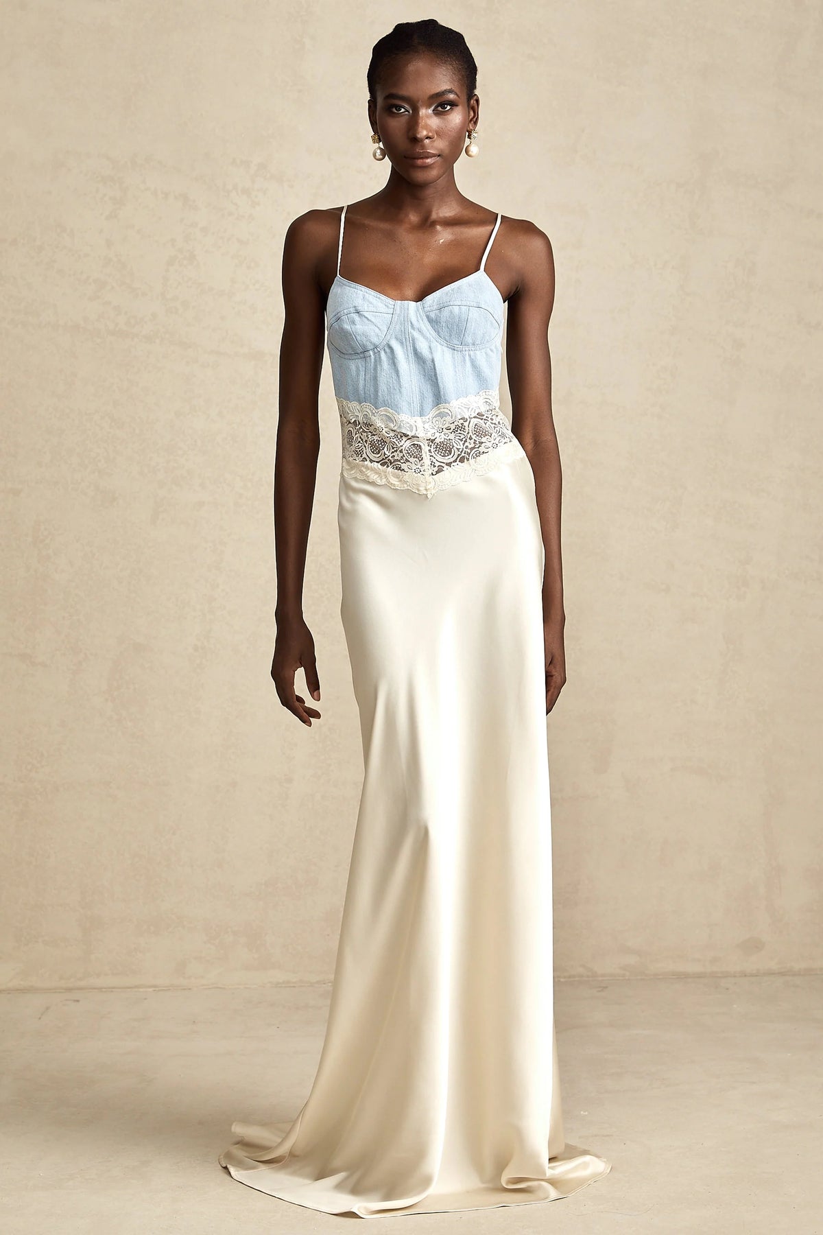Lisette lace-trim panelled maxi dress in white