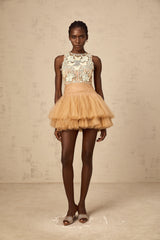 Candice khaki embellished corded-lace-panel tulle mini dress