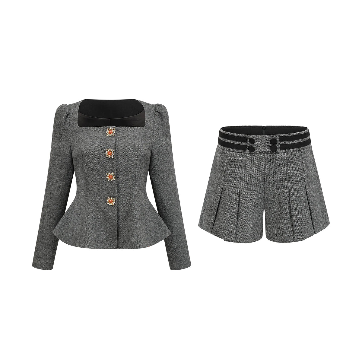 Agathe grey herringbone top & shorts matching set
