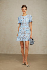 Ariane blue floral-appliqué ruffled lace mini dress