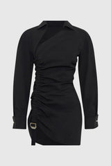 Adamar Asymmetric Buckle Ruched Mini Shirt Dress
