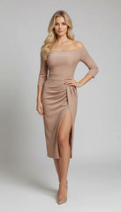 Elegant Off-Shoulder Shimmer Ruched High-Slit Midi Dress