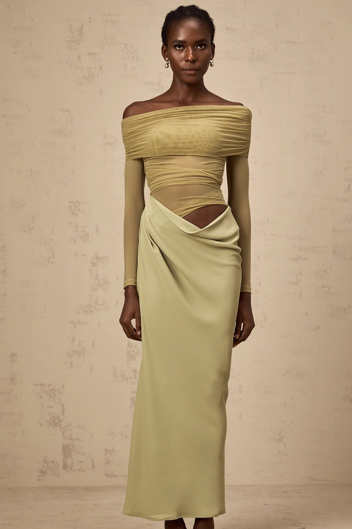 Estelle off-shoulder semi-sheer midi dress in Green