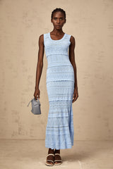 Mailys blue ruffled-trim crochet-knit midi dress