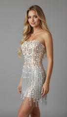 Glamorous Strapless Pearl Sequin Fringe Mini Dress