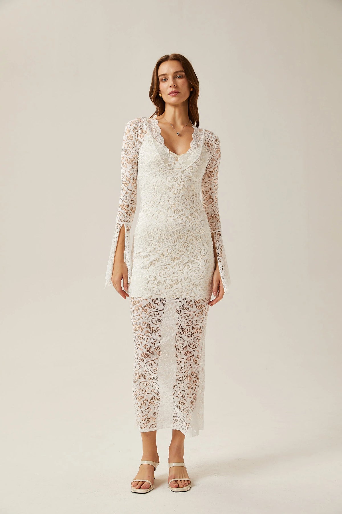 Martine white lace sheer midi dress