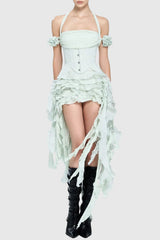 Juricn Halter Corset Ruffle Fringe Mini Dress - Green