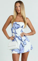 Catharine Mini Dress - Strapless A Line Dress in Blue Floral