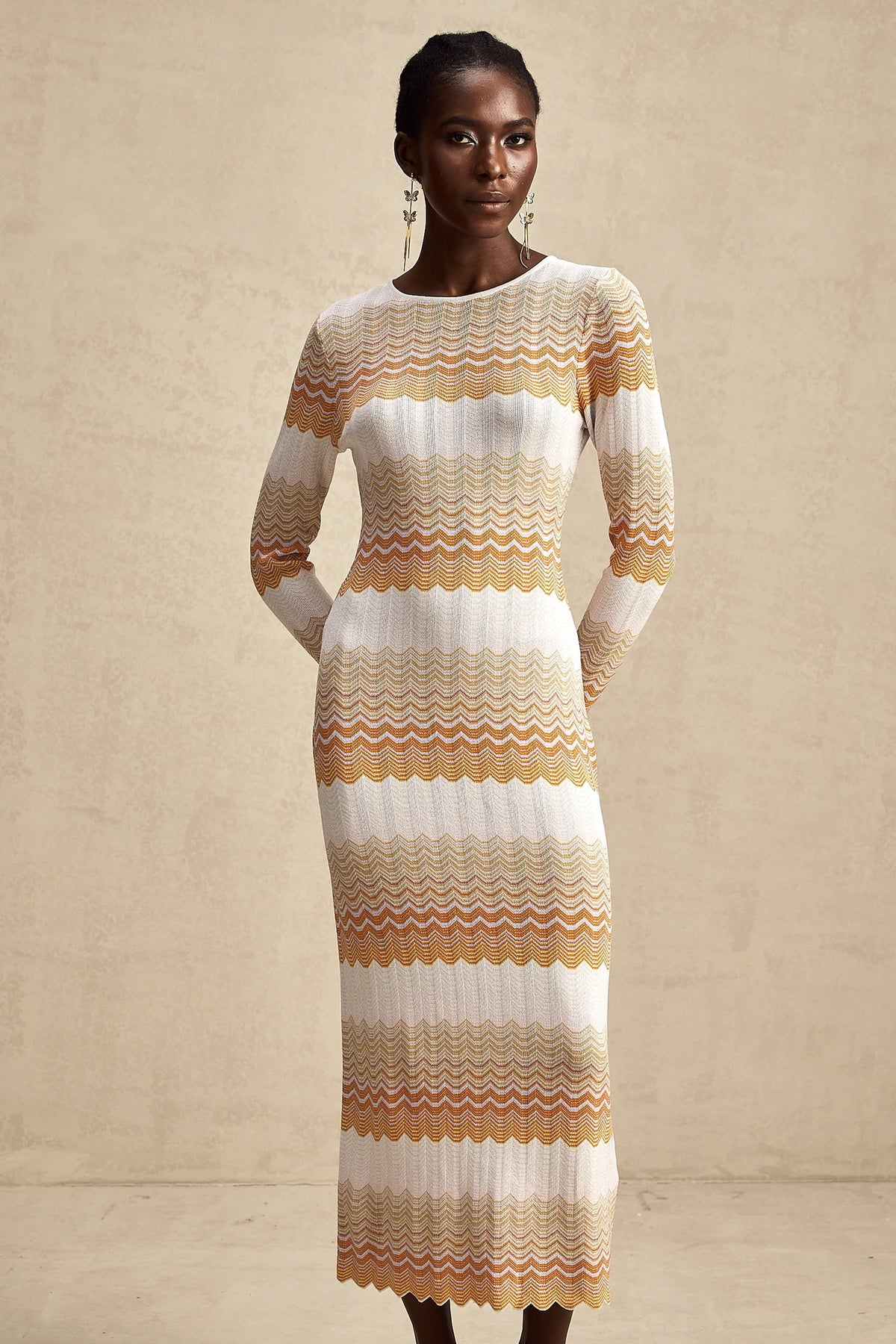 Alizée orange stripe-pattern metallic midi dress
