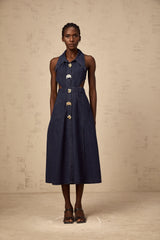 Flavie dark-blue cut-out denim midi dress