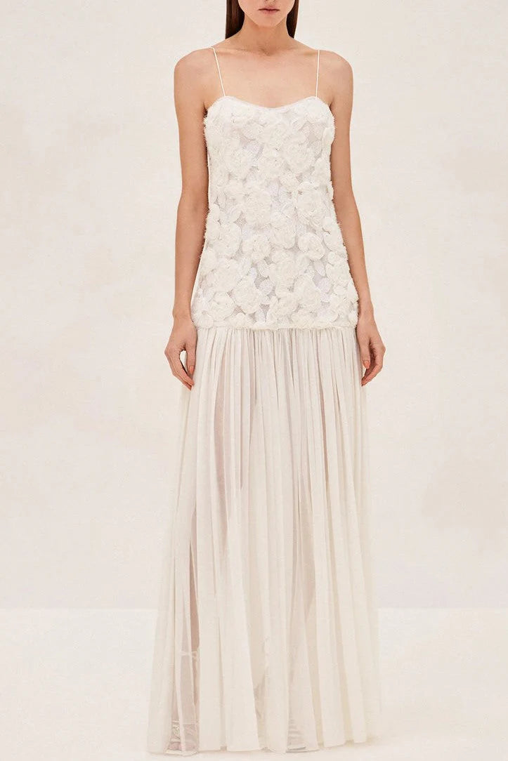 Lillie Spaghetti Floral Ruffle Maxi Dress - White