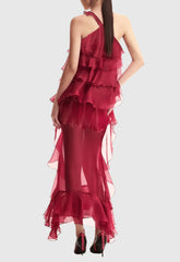 Bedelia Floral Halter Chiffon Ruffle Midi Dress