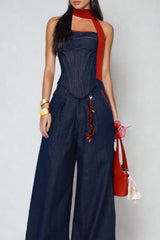 Kyra Strapless Lace Up Denim Set