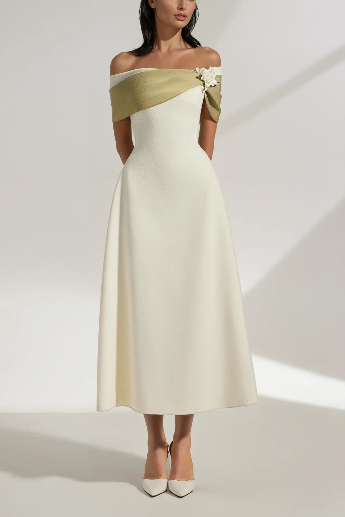 Cicek Floral Appliqué Off Shoulder Midi Dress