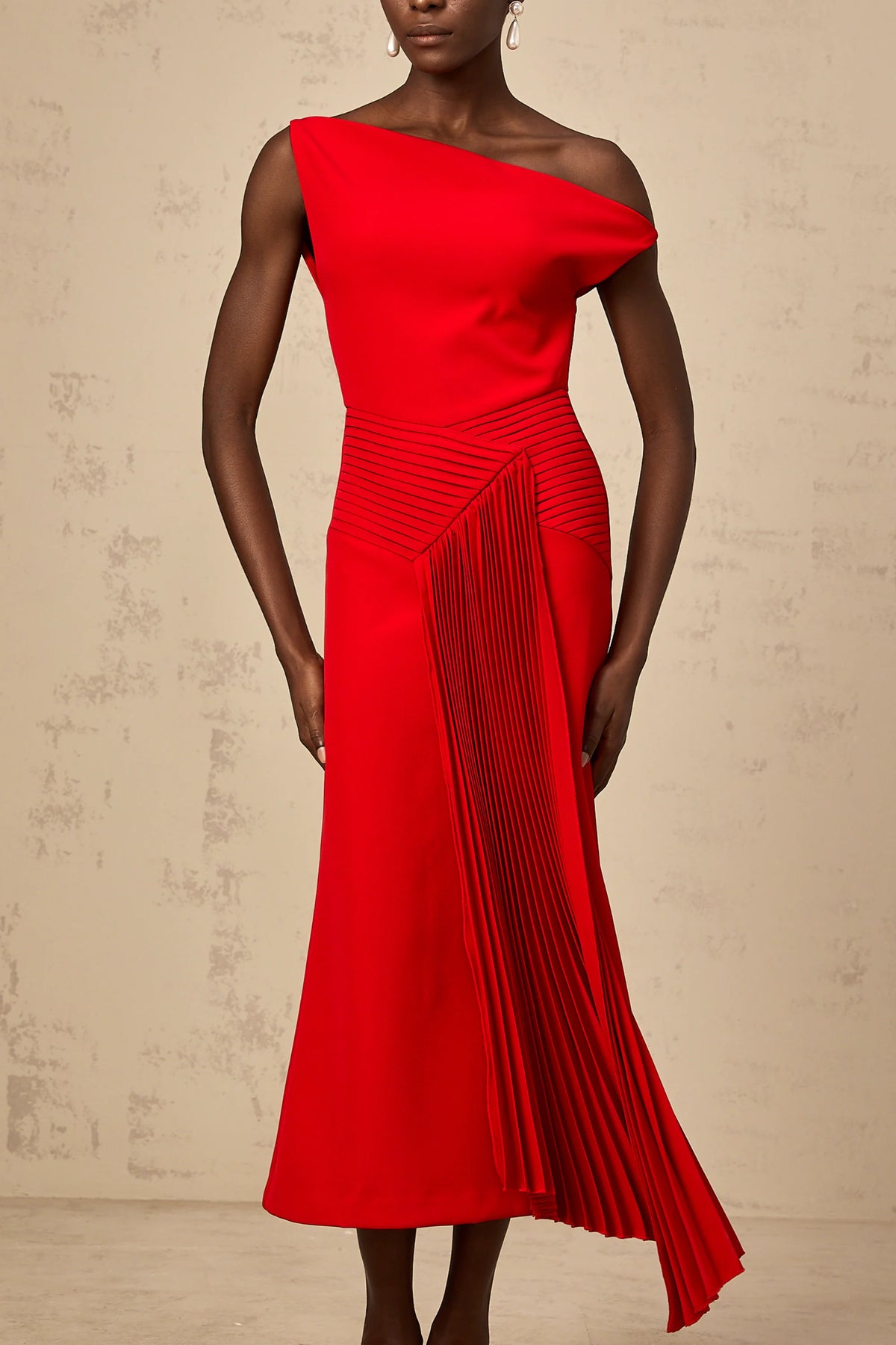 Laurine asymmetric draped midi dress in Red