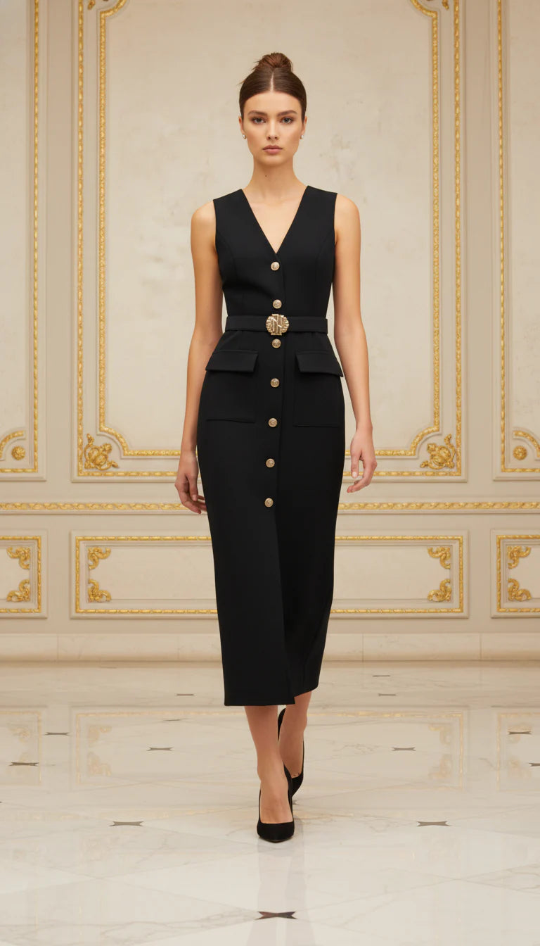 Classic Black Evening Midi Dress