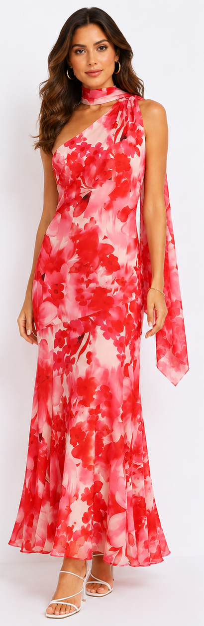Ilyse Scarf One Shoulder Maxi Dress Floral Red
