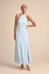 Vaelyn Light Blue Crochet Lace Halter Maxi Dress