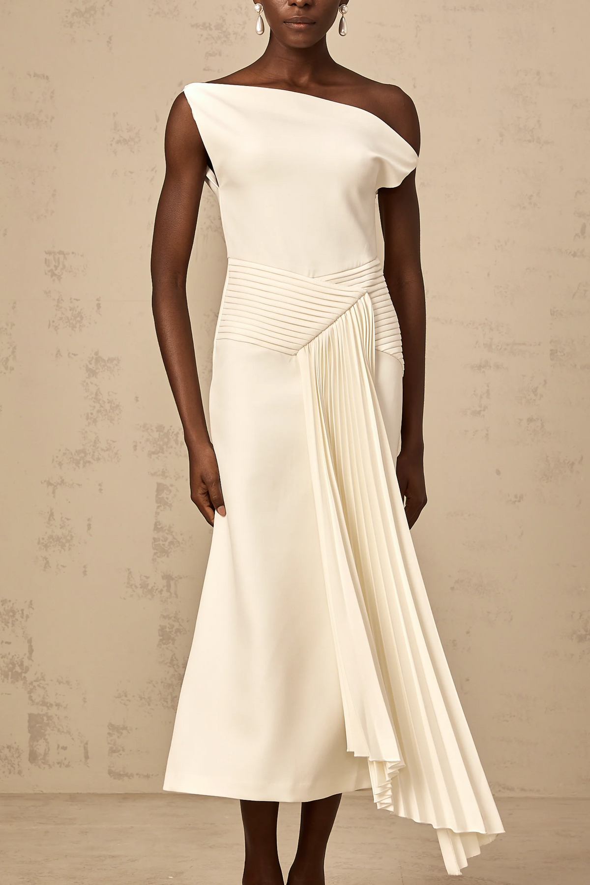 Laurine asymmetric draped midi dress in White