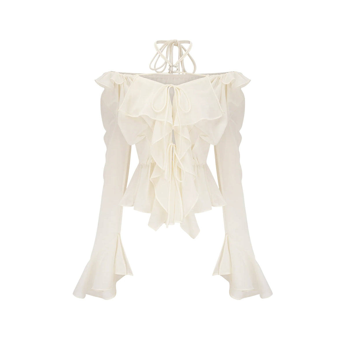 Fauve white ruffle strapless long-sleeve blouse