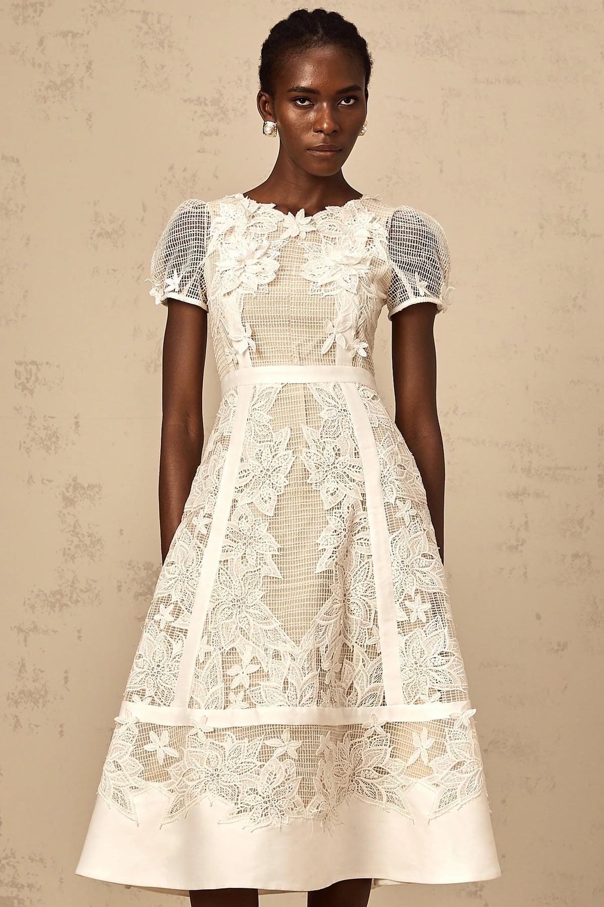 Clémence white flower-embroidery midi dress