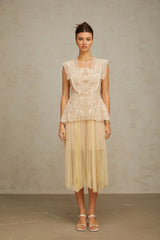 Céleste floral-lace-panelling tulle midi dress in Neutrals