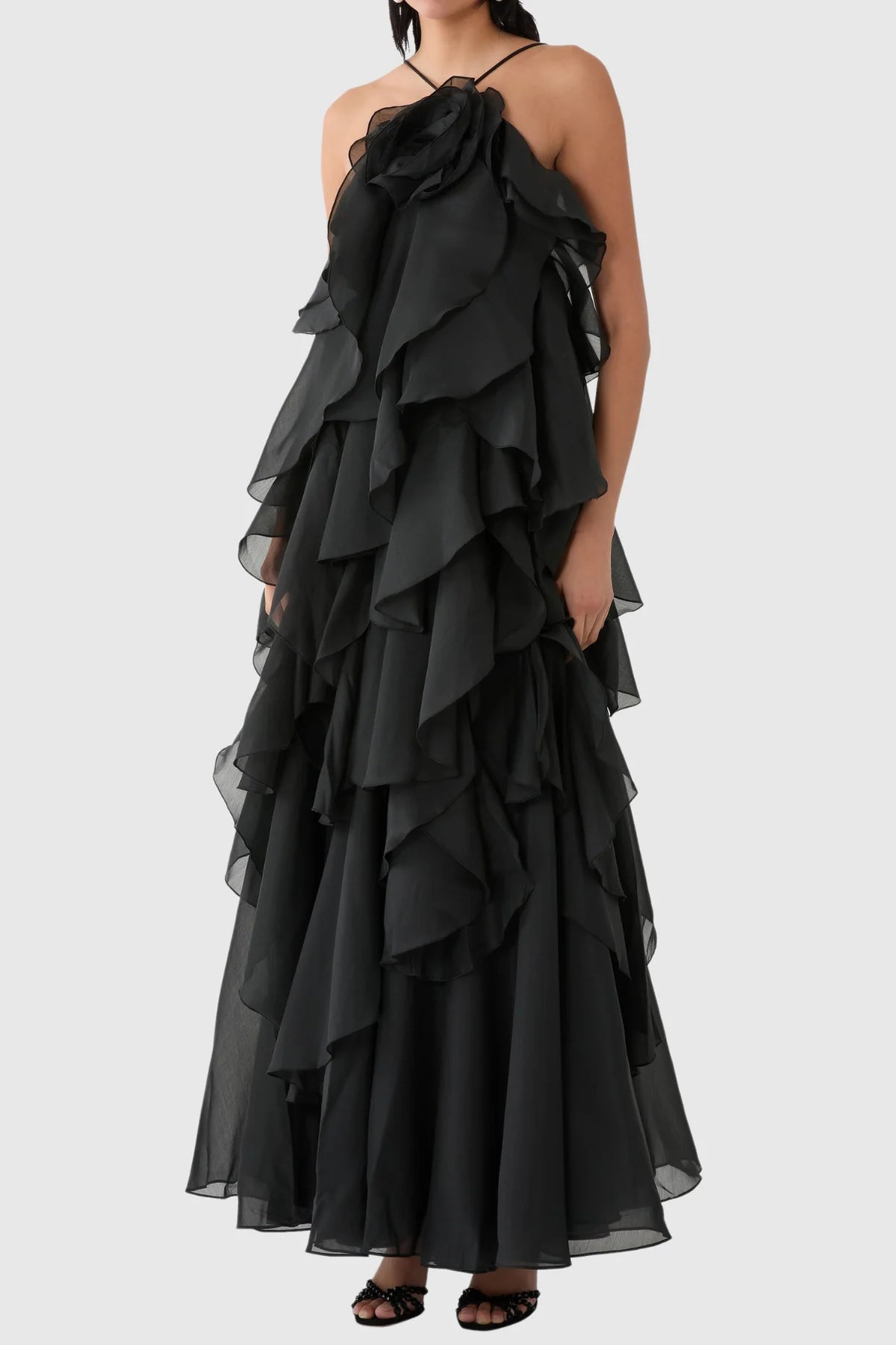 Caysie Halter Floral Ruffle Layered Maxi Dress - Black
