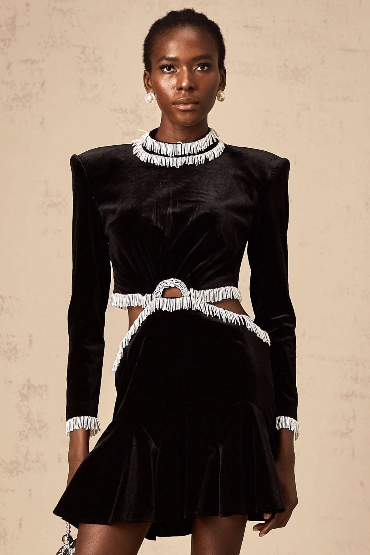 Daniela black cut-out fringed velvet mini dress