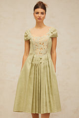 Marianne green flower-motif pleated midi dress