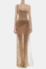 Inina Lace Corset One Shoulder Maxi Dress - Brown