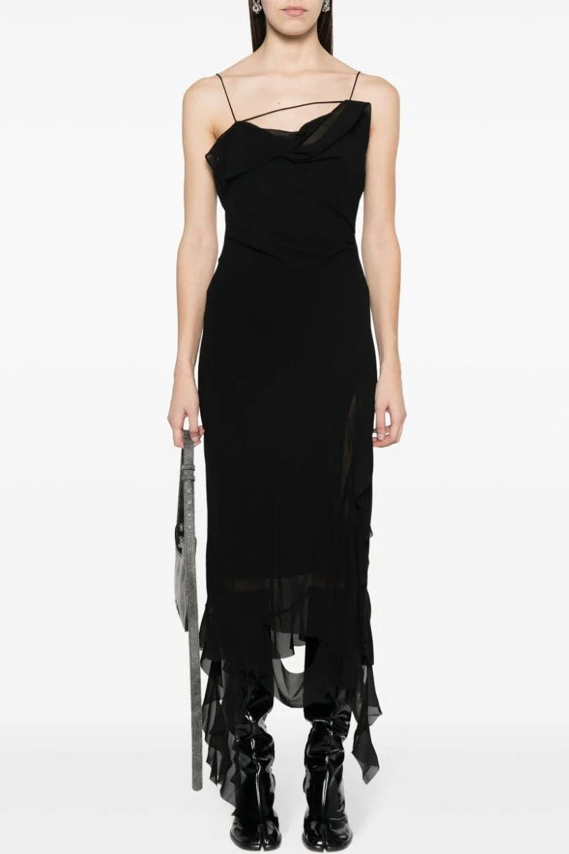 Kenzia Asymmetric Ruffle Midi Dress - Black