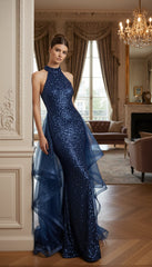 Elegant Navy Blue Sparkling Evening Gown 2025