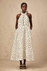 Audrey white bowknot polka-dot midi dress