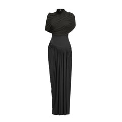 Catherine asymmetric pleated maxi dress in Black