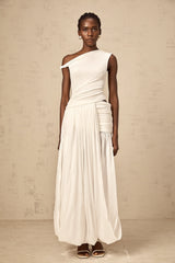 Eugenie white mono-shoulder shirred-panel maxi dress
