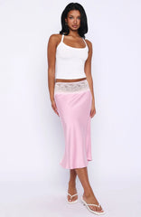For A Long Time Lace Trim Midi Skirt Pink