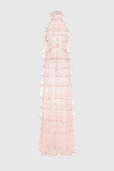 Haidar Halter Floral Ruffle Layer Maxi Dress