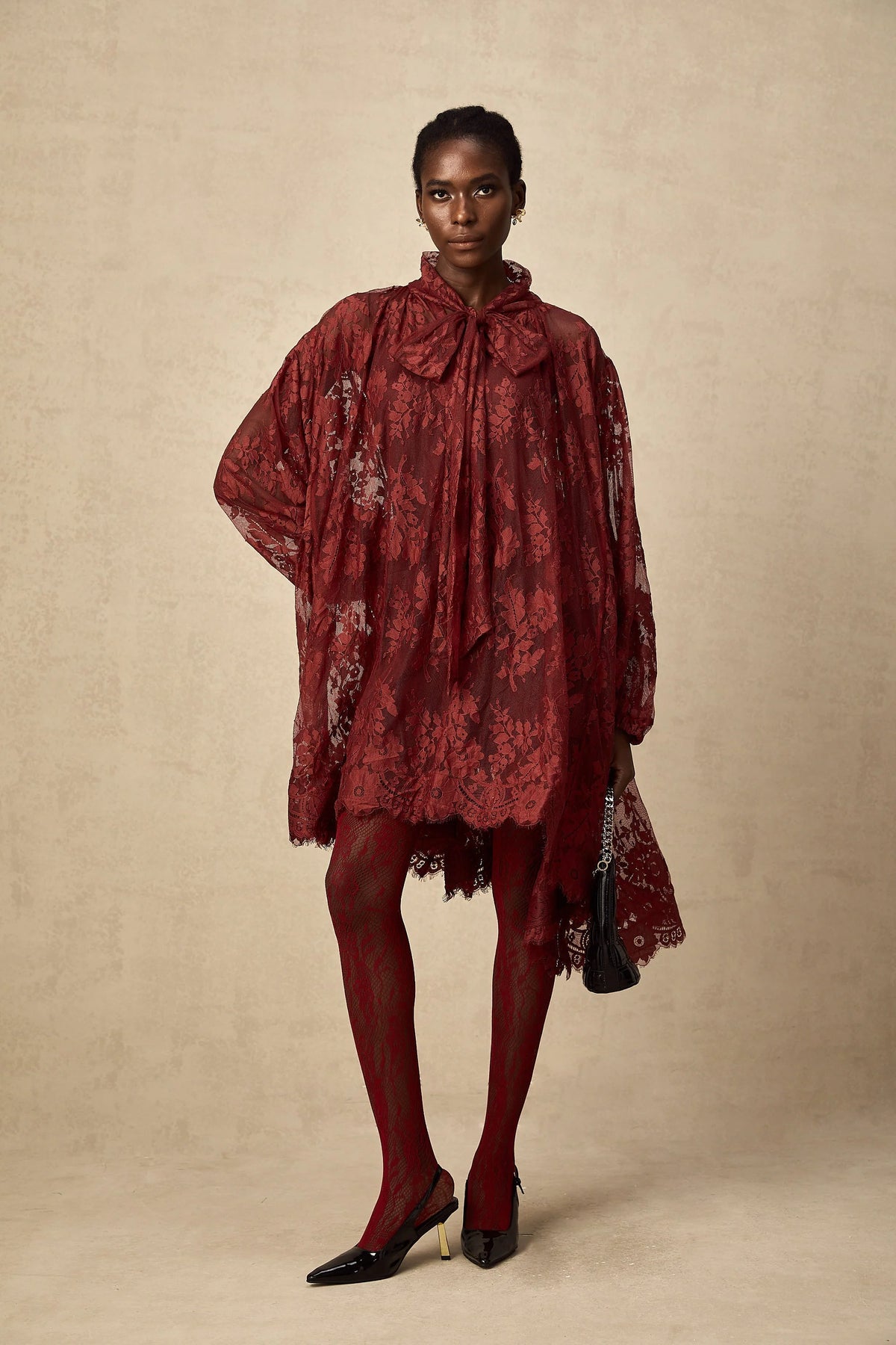 Coline red cut-out floral-lace tights