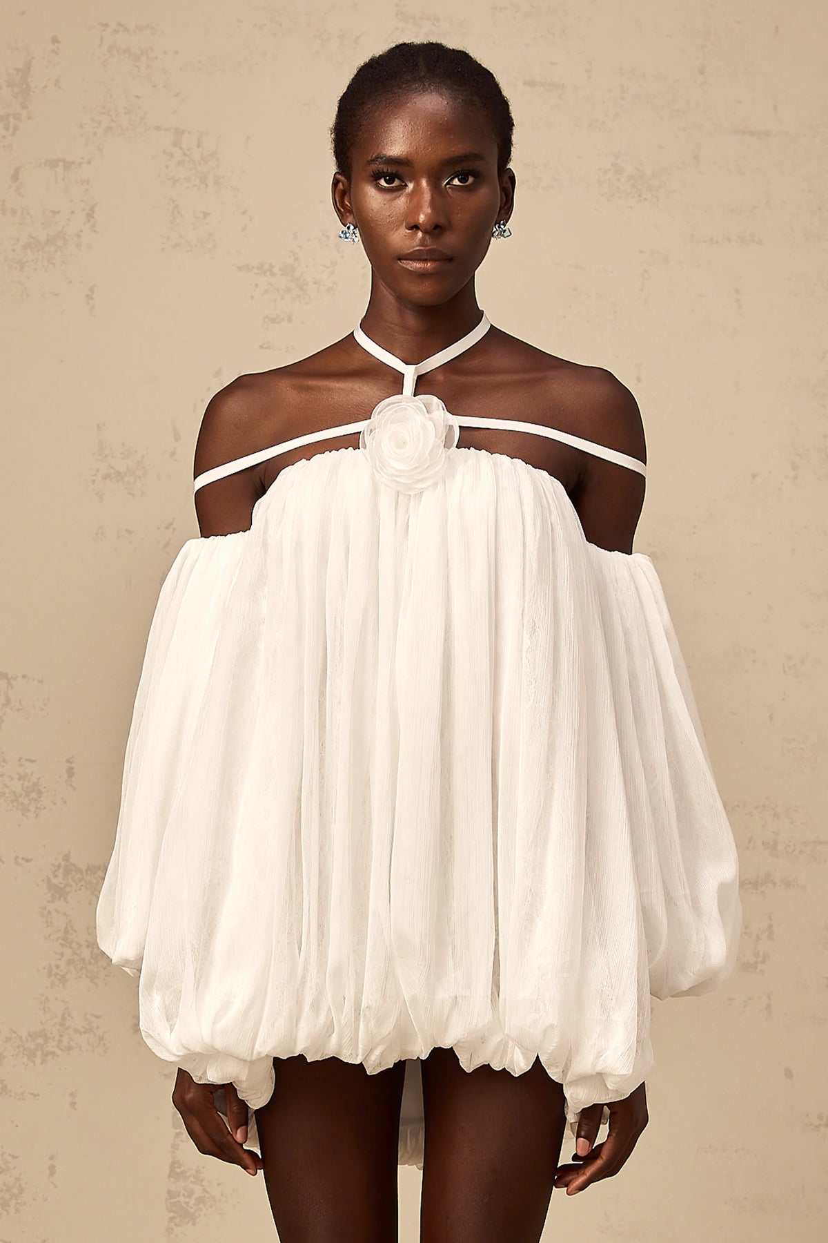Hortense white floral-appliqué pleated tulle mini dress