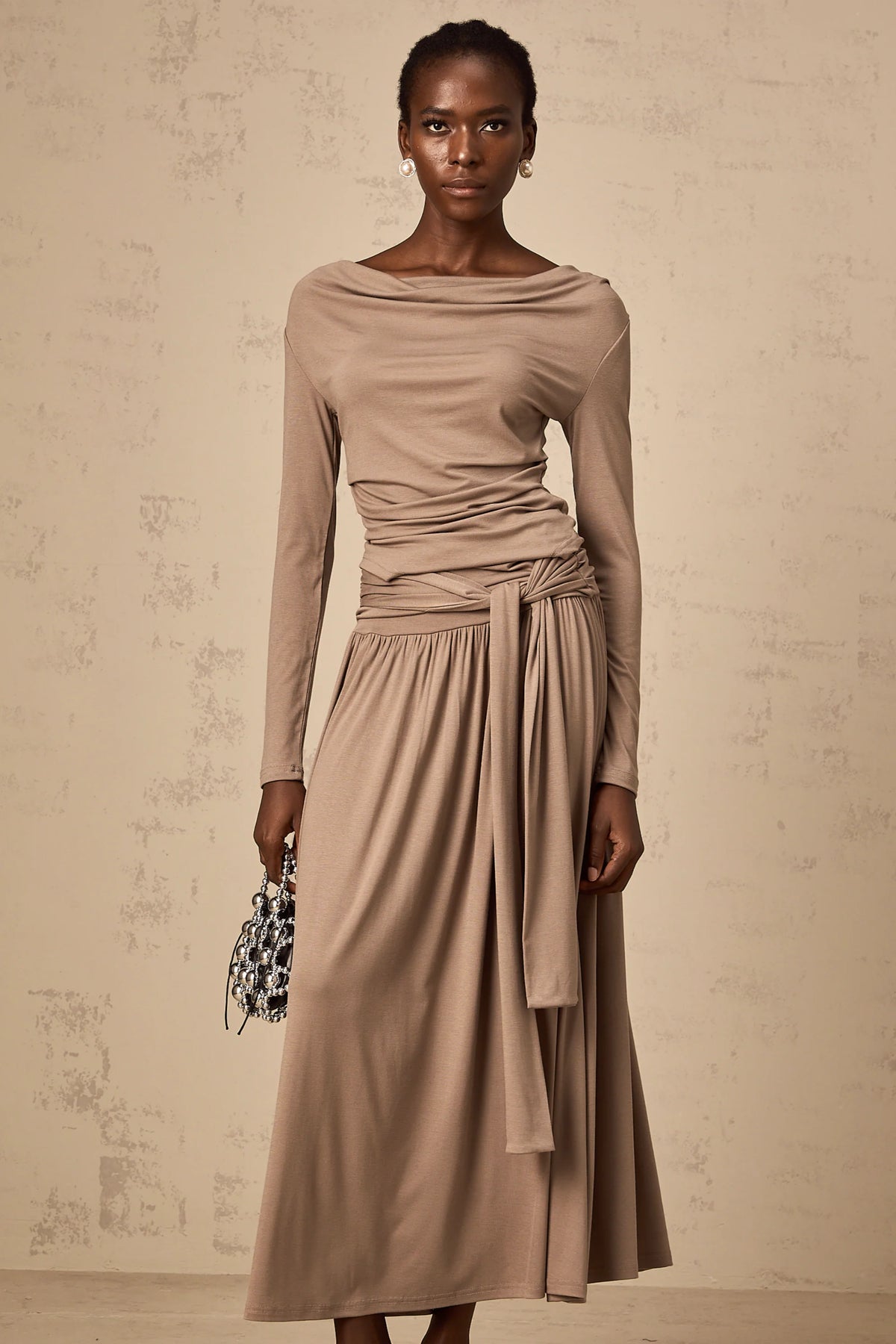 Katell oatmeal draped-detail stretched top & skirt matching set