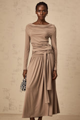 Katell oatmeal draped-detail stretched top & skirt matching set