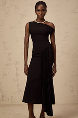 Laurine asymmetric draped midi dress in Black