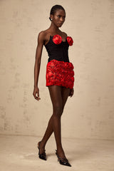 Héloïse red rose-appliqué top & skirt matching set